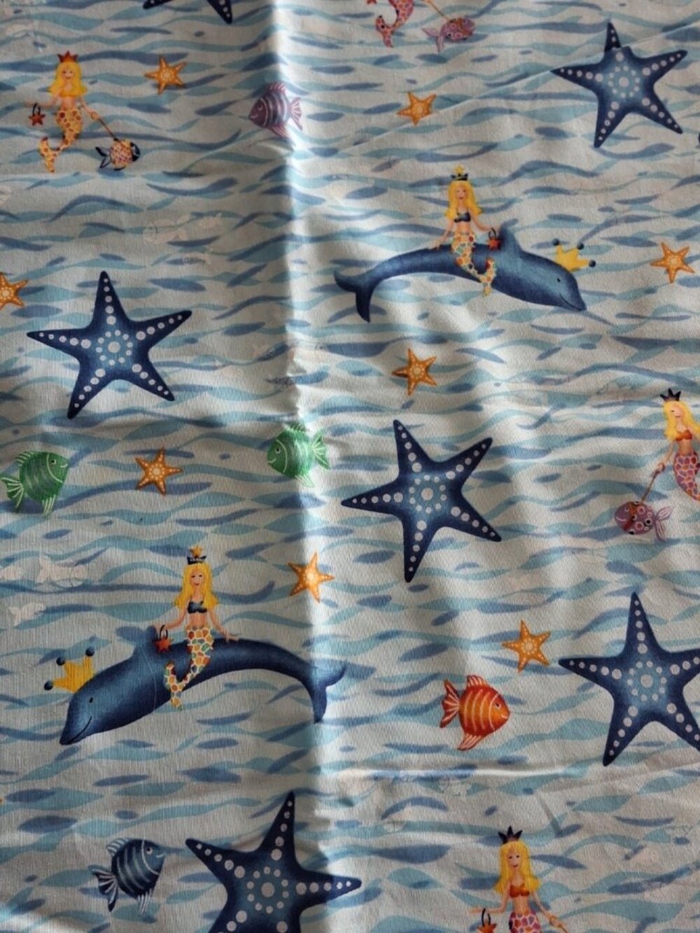 CLEARWATER Mermaids Dolphins Patterned Fish On Blue -COTTON FABRIC -1.5 yards